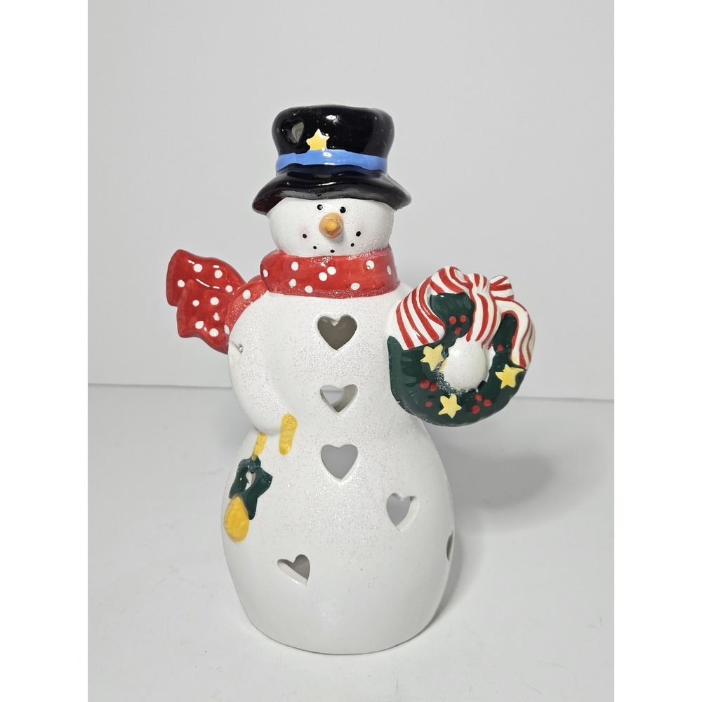Hallmark Ceramic Snowman Tealight Candle Holder Heart Cutouts Christmas Vintage